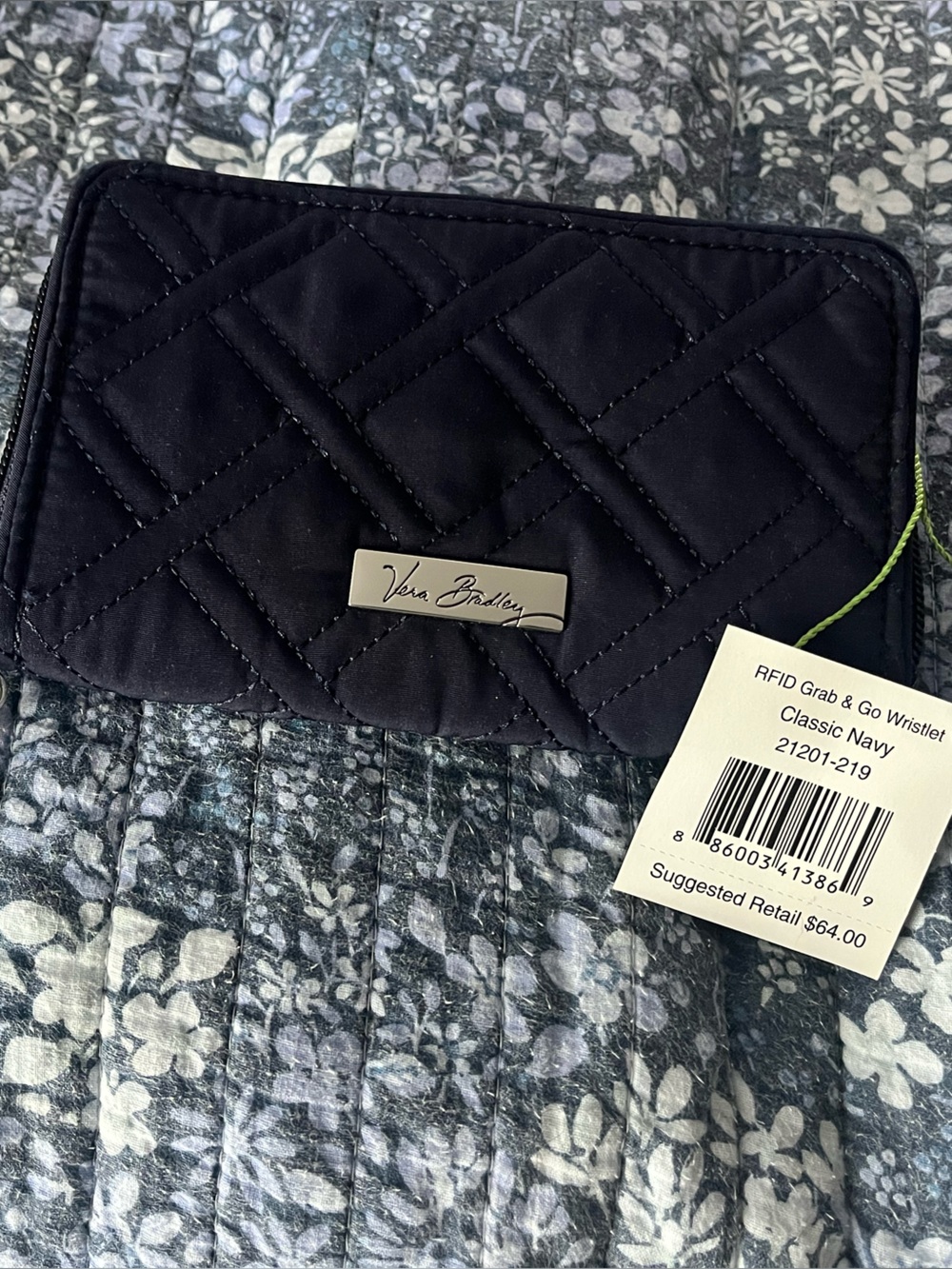 Vera Bradley Quilted Navy Wristlet with Silver Logo